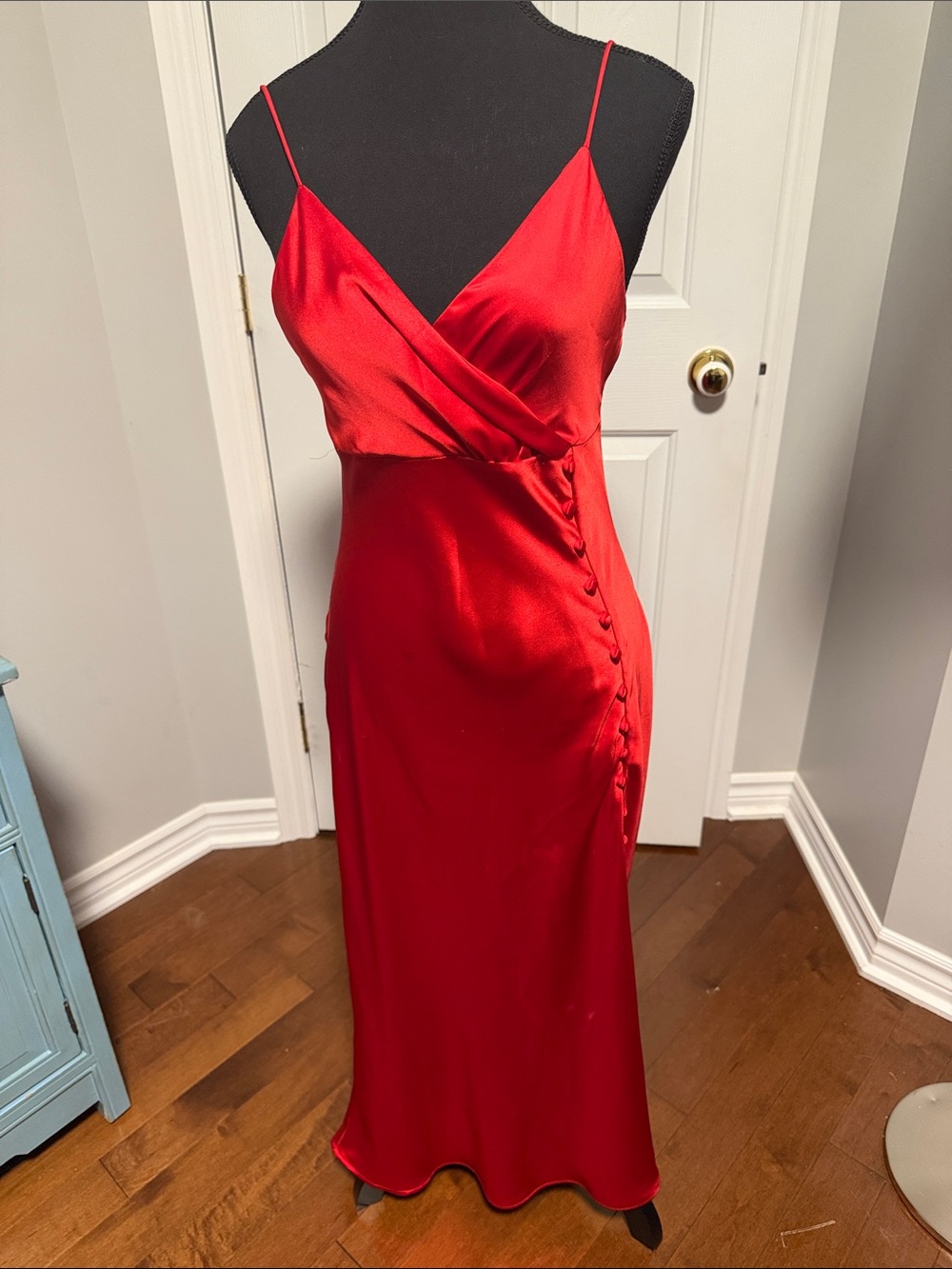 Zara Red Satin Slip Maxi Dress with Side Covered Buttons
